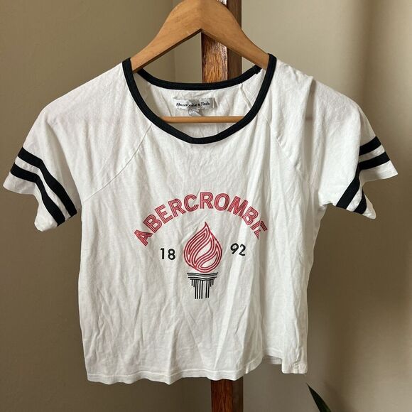 Abercrombie & Fitch Graphic T-Shirt Crop Top Ringer Logo Varsity Stripe White XS - Picture 1 of 7
